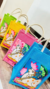 Pichwai Print Jute Bags with Contrast Print for Return Gift Thamboolam Bag Wedding Gift Lunch Bag Multicolor 10*8*3 inches Gift, Diwali Gift